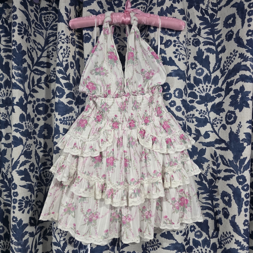 LoveShackFancy Floral Pink and White Mini Dress
